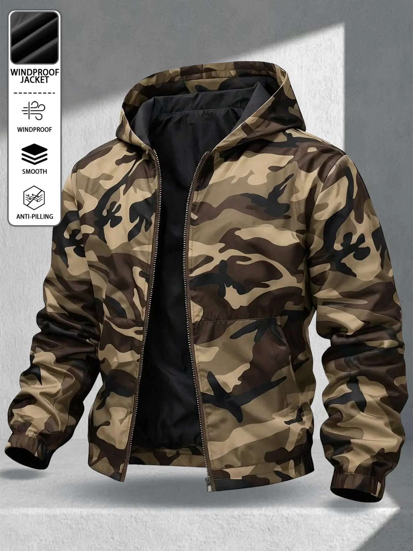 Men's American Outdoor Workwear Hooded Full-Length Zipper Jacket, Camouflage Print, Long Sleeve, Casual Style, All Seasons