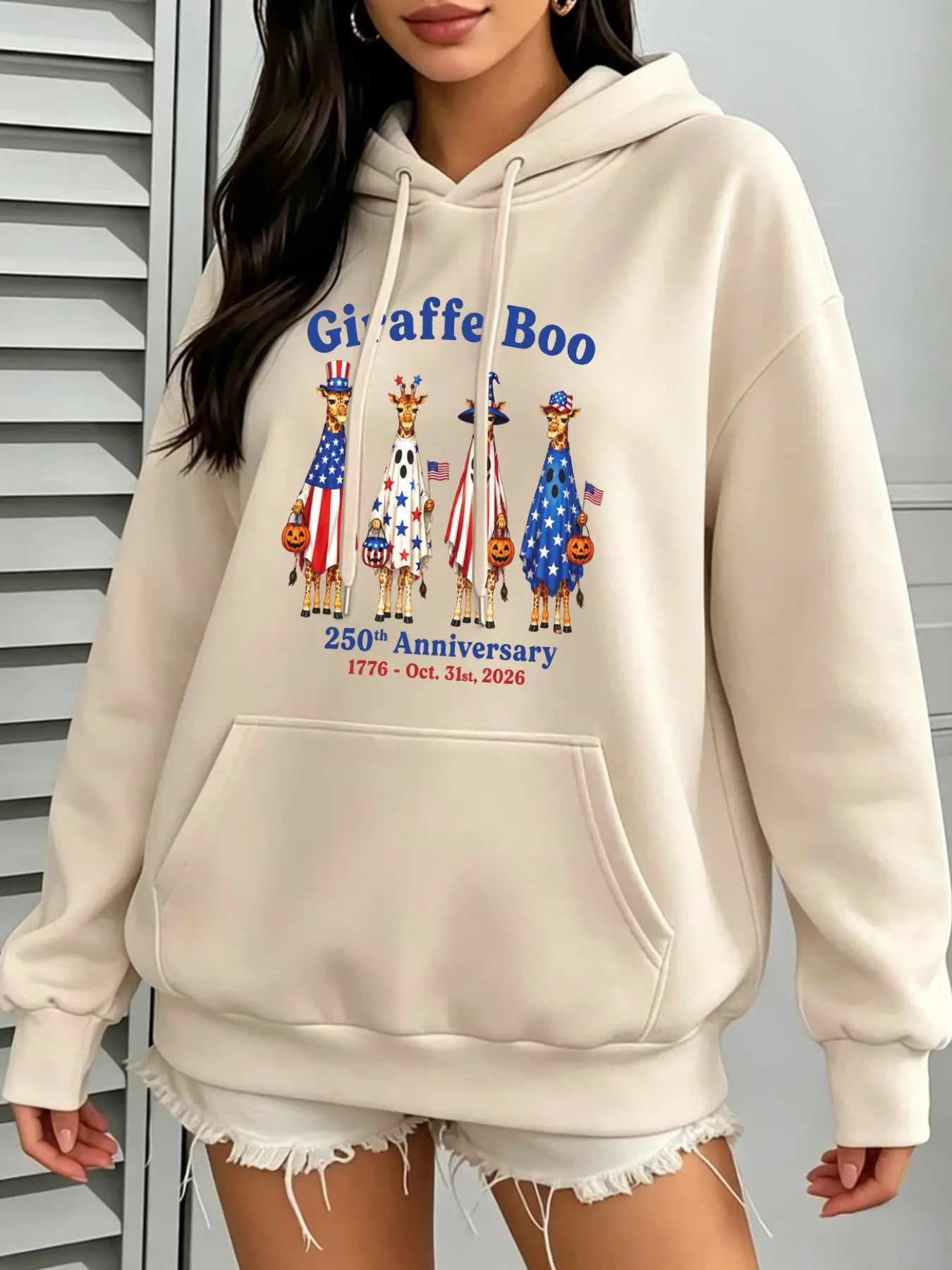 Giraffe Halloween Women's Sweatshirt Hoodie, Patriotic 250th Anniversary, Fall Casual Drawstring Pullover, Comfortable & Stylish Design