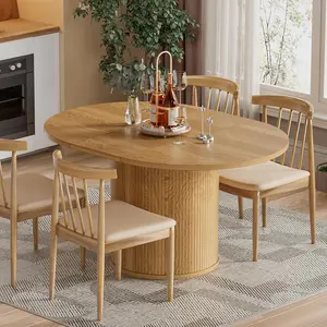 43.3 to 59 Inch Extendable Round Dining Table for 4 People Modern Farmhouse Expandable Dining Table with Wood Strip Base Adjustable Mobile Standing Desk with Wheels for Kitchen Living Room Coffee