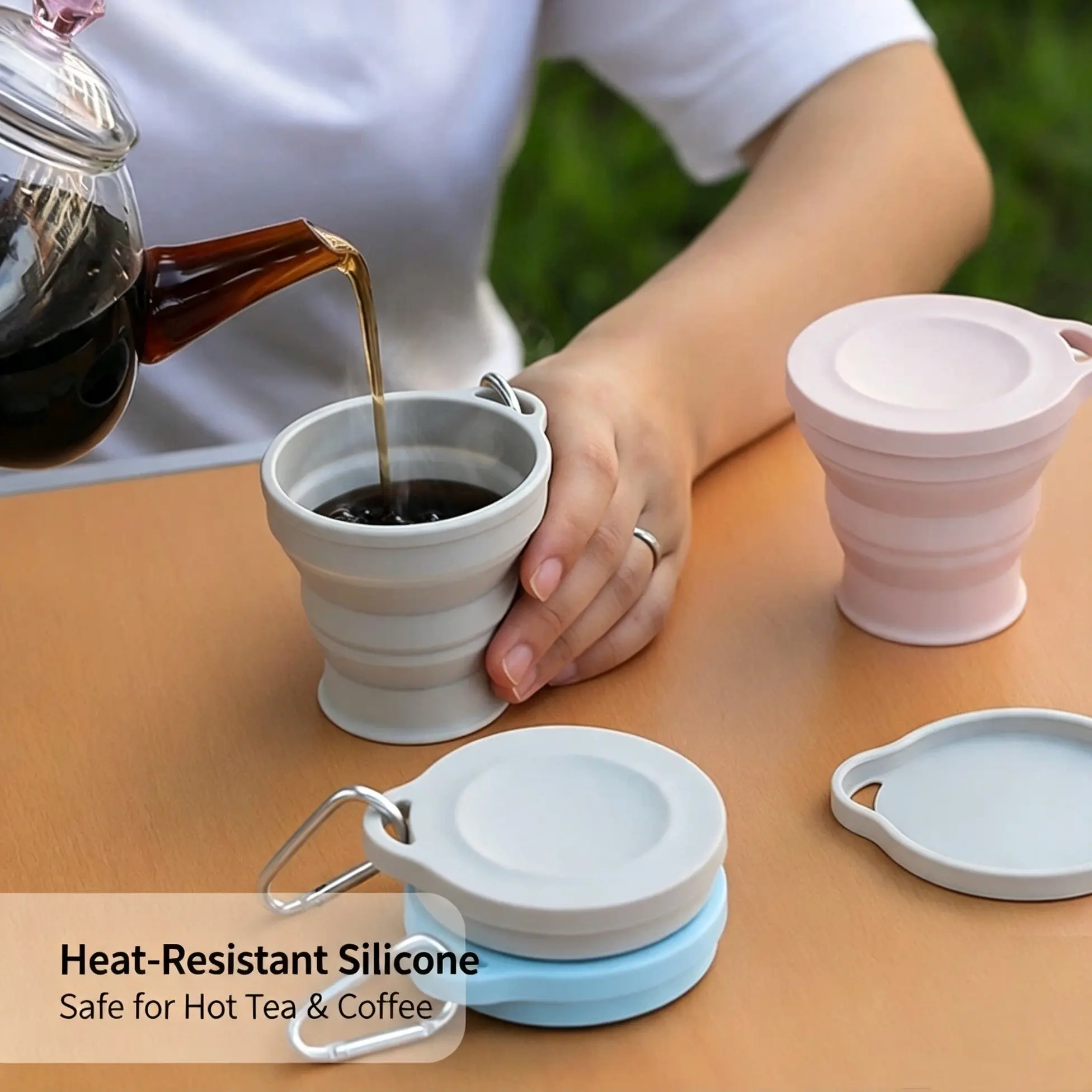2-Pack Silicone Folding Cups, Heat-Resistant Outdoor Water Bottles with Lids, Portable Extendable Mouthwash Cups, 180ML Capacity