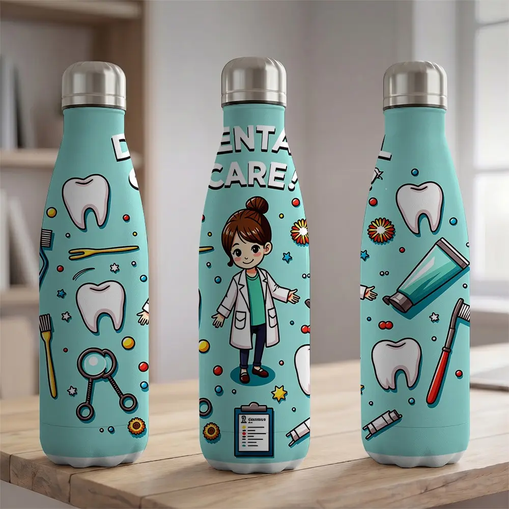 1pc 17oz Insulated Water Bottle 500ml 304 Stainless Steel Thermal Vacuum Flask Dentist Dental Assistant Hygienist Appreciation Gift Cute Cartoon Dental Care Pattern Portable Travel Mug Sport Bottle Leakproof Cup for Office Car