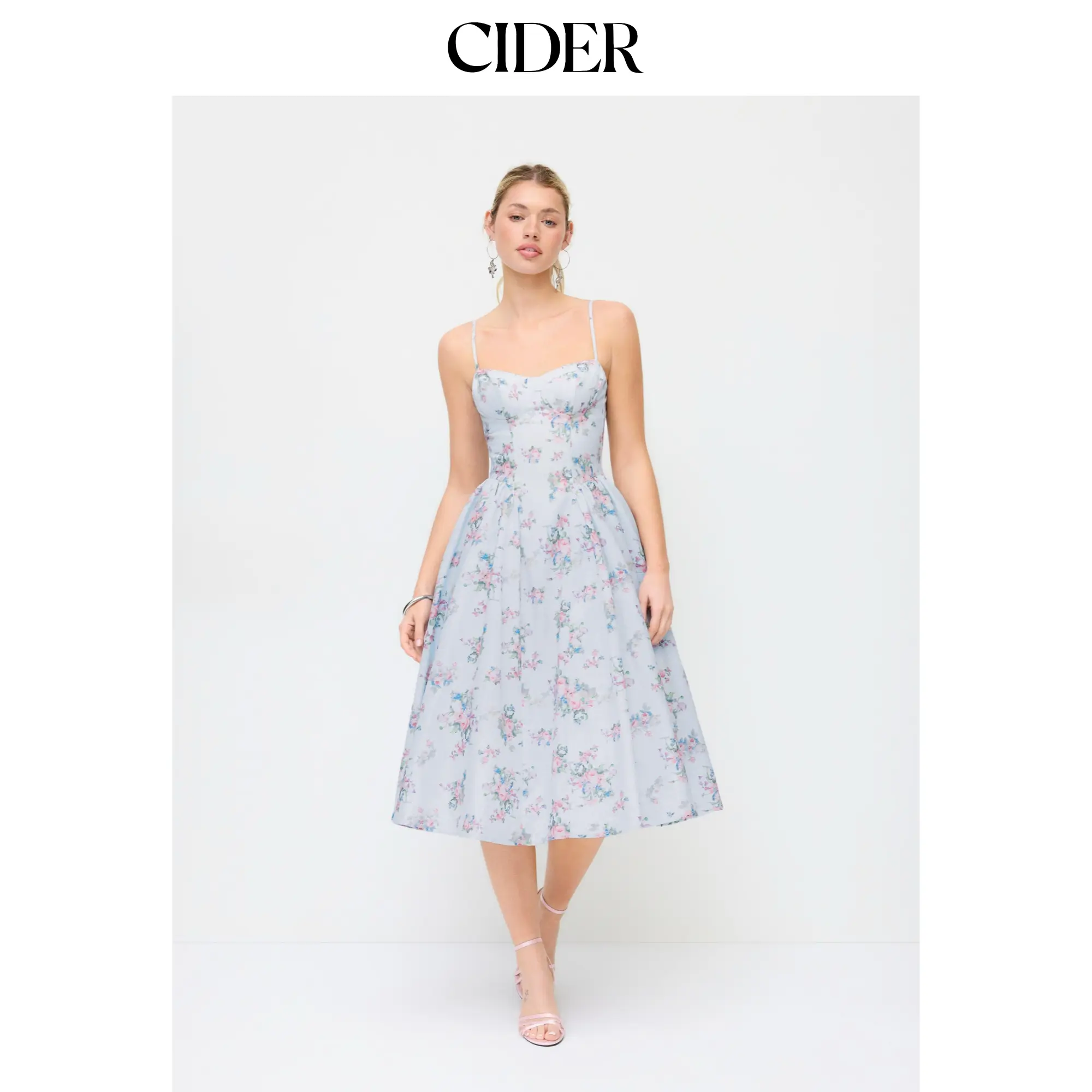 Cider Women's Textured Floral Sweetheart Midi Dress, High Rise Flared Fit for Casual Wear in Baby Blue, Fitted