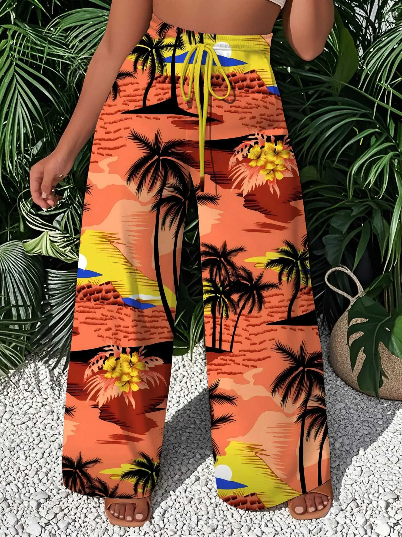Hawaiian Tropical Sunset Palm Flower Print Wide Leg Boho Pants for Women, Elastic Waist Drawstring Loose Fit, Breathable Fabric, Summer Beach Vacation Wear