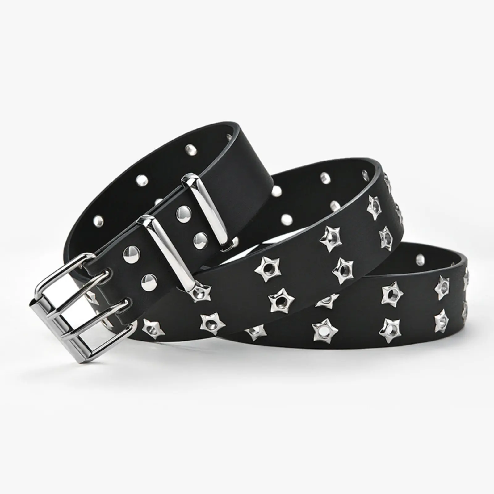 Star Studded PU Leather Belt, Punk Double Prong Waist Belt, Black Pentagram Rivet Strap Belt, Gothic Adjustable Belt for Women Jeans Y2K Streetwear Concert Outfit