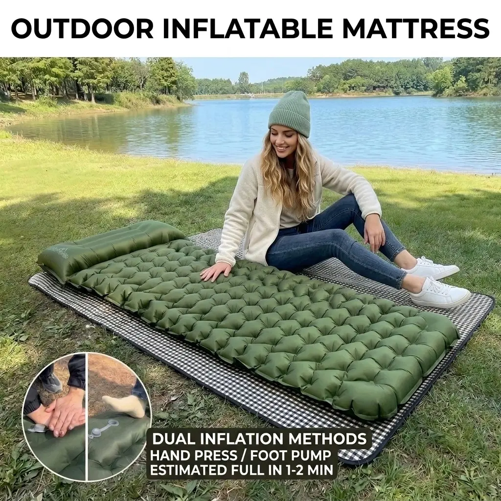 Foot-Pump Inflatable Mattress for Outdoor Camping, Waterproof Nylon Air Bed, Comfortable and Durable, Ideal for Hiking and Picnics