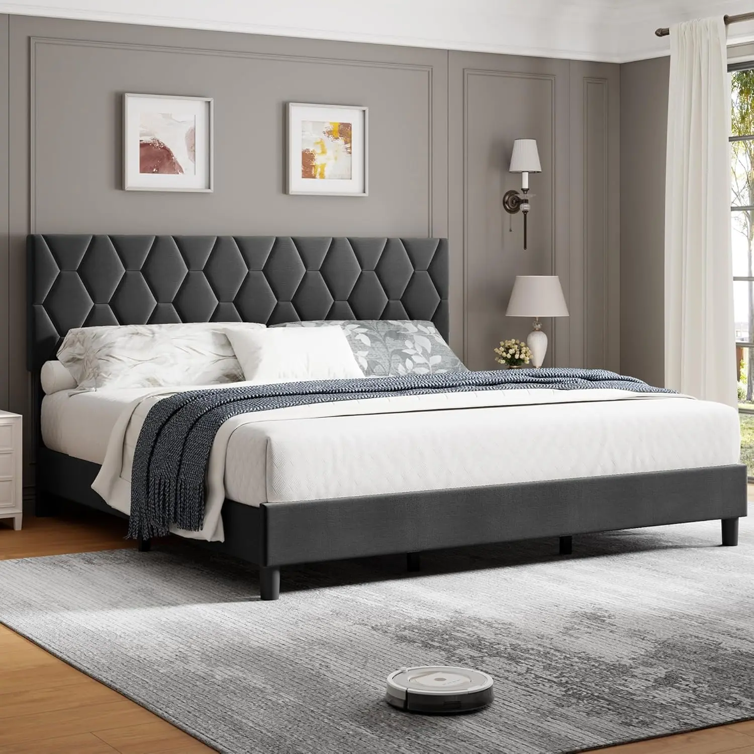 King Upholstered Bed Frame with Adjustable Headboard, Sturdy Metal Heavy-Duty Platform Bed with Silent Durable Wood Slats, No Box Spring Needed, Grey, King Size Bed