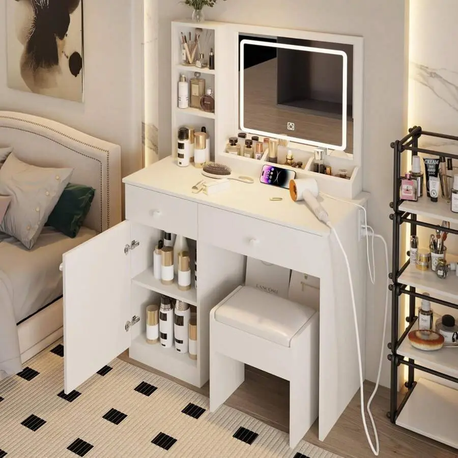 Dressing Table Set, Large Storage Space Vanity With Mirror, Power Outlet, Makeup Vanity Bench With 2 Drawers Cushioned Stool Beauty Storage &, Vintage Vanity Desk Women (White)