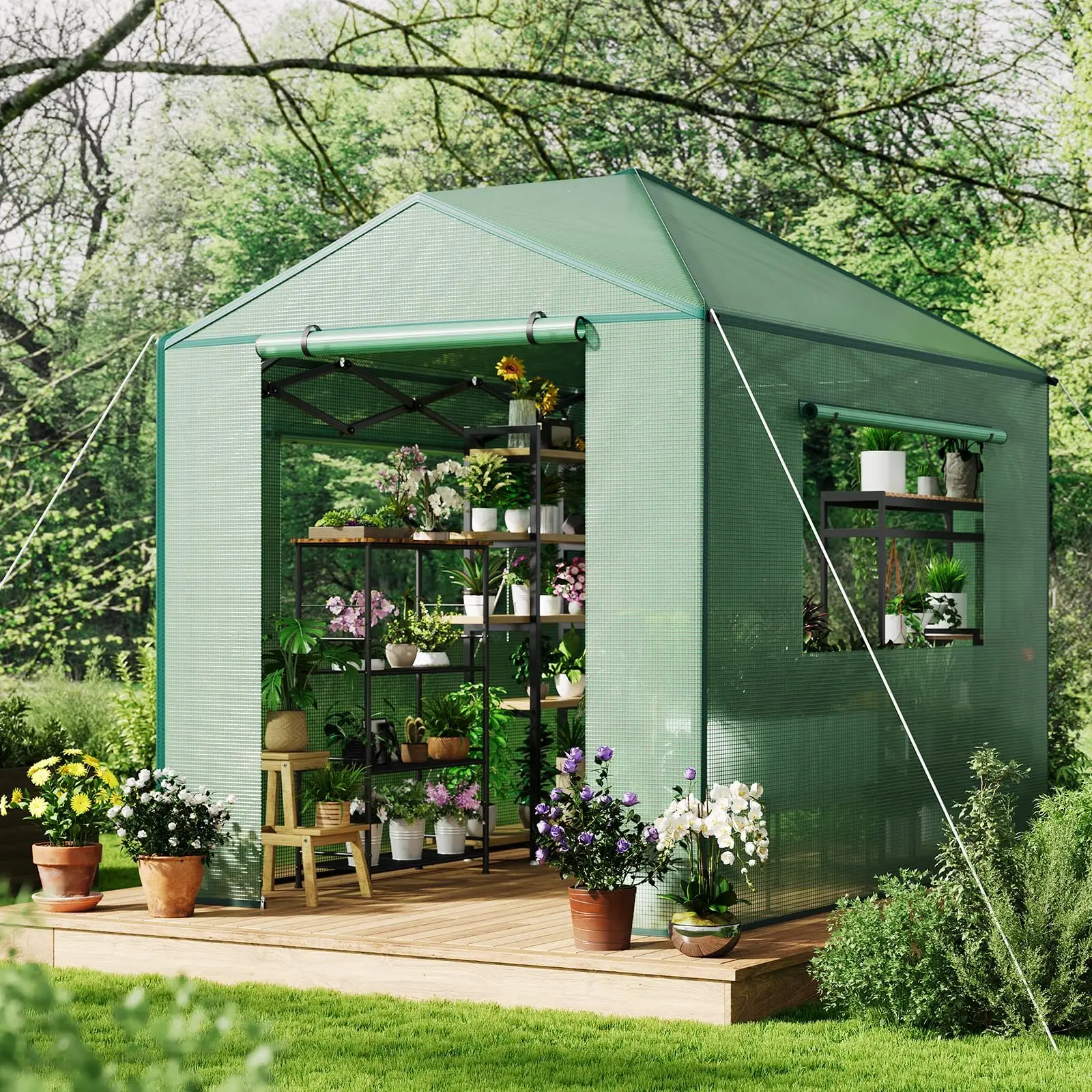 GARVEE 8x12ft All-Season Portable Walk-In Greenhouse, Heavy-Duty Outdoor Plant Shelter with Roll-Up Zipper Door & Mesh Vent Windows, Plant Growing System for Seed Starting, Frost Protection in Backyards Patios