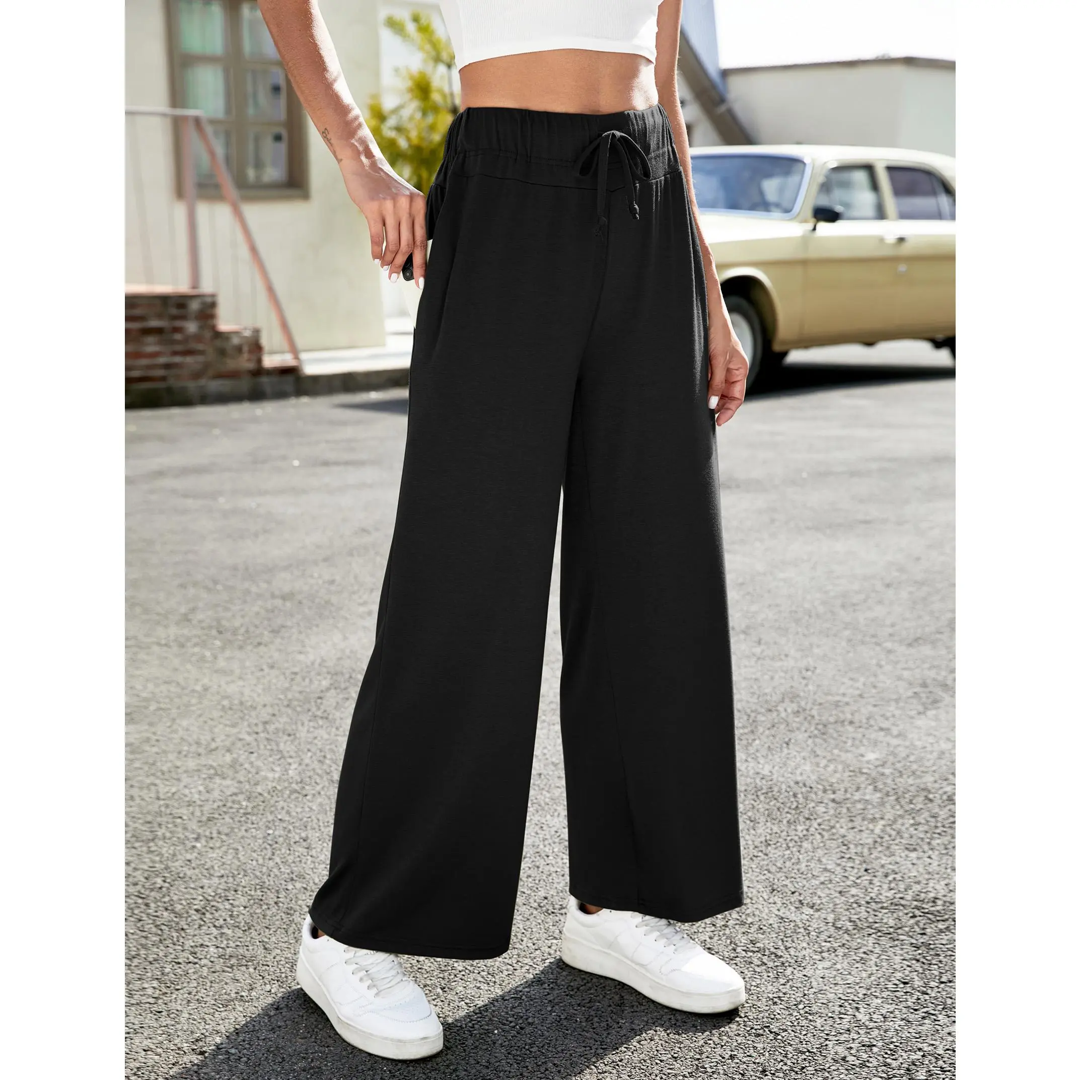 YF Women Elastic Drawstring Wide Leg Sweatpants, Soft Casual Loose Long Jogger Pants with Side Pockets, Stretch High Waist Loungewear Trousers, Daily Fitness Travel Shopping Bottoms Gift for Her Black Khaki S-XXL