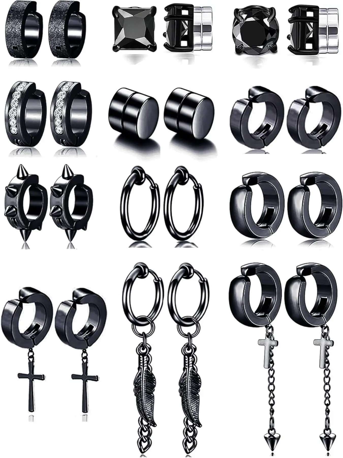 12 Pairs Magnetic Stud Earrings Stainless Steel CZ Hoop Punk Feather Dangle Hinged Non-Piercing Earrings Clip on Magnet Earring Set for Women Men Silver Plated Fashion Earrings Dangling Earrings