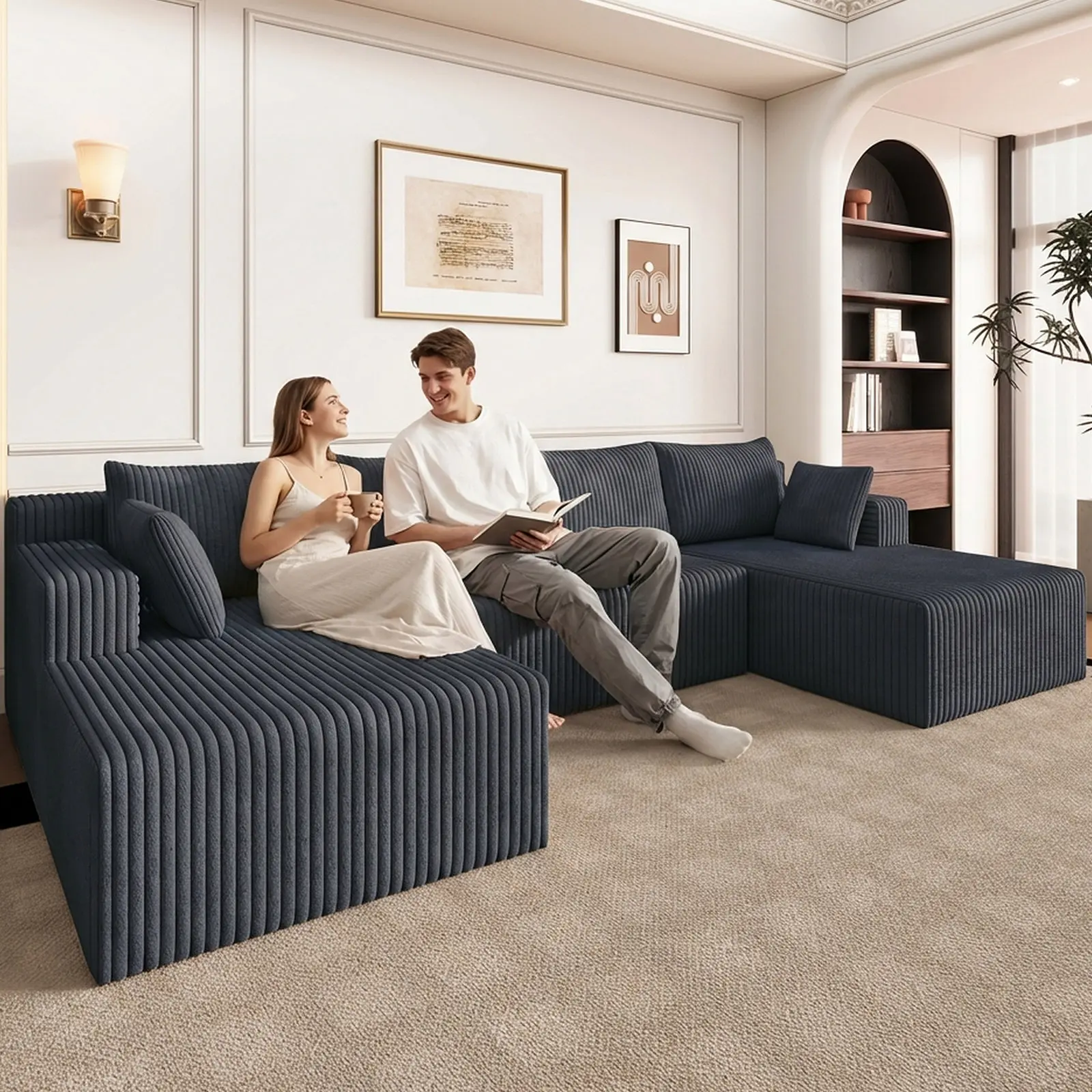 124" U-Shaped Boneless Sectional Sofa, Oversized Modular Cloud Couch with Double Chaise, Deep Seat Plush Corduroy, No Assembly Required for Living Room