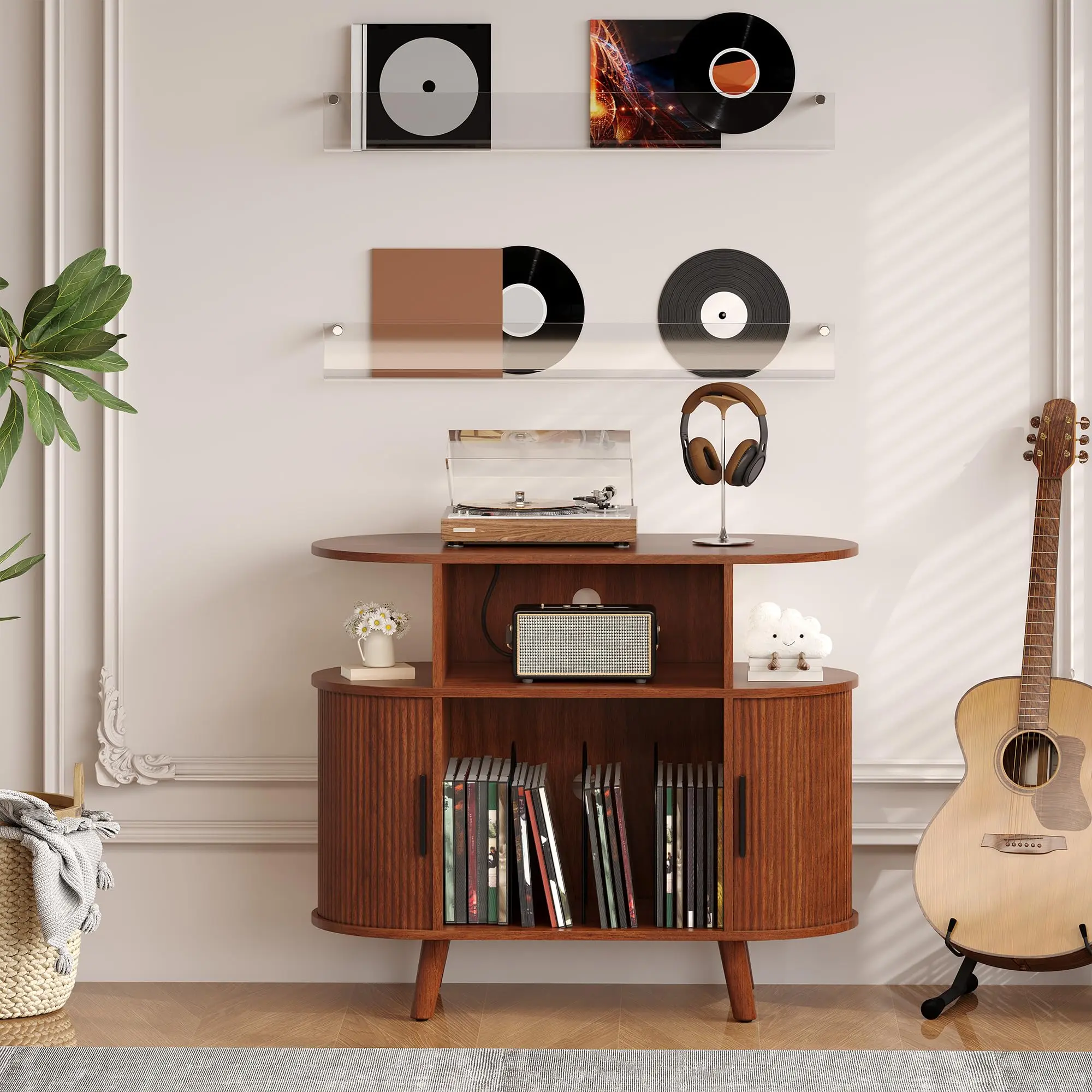 Garvee Large Round Record Player Stand with Charging Station and USB Ports, Rustic Vinyl Turntable Storage Cabinet with Open Shelves, Mid-Century Design, Functional and Stylish Furniture
