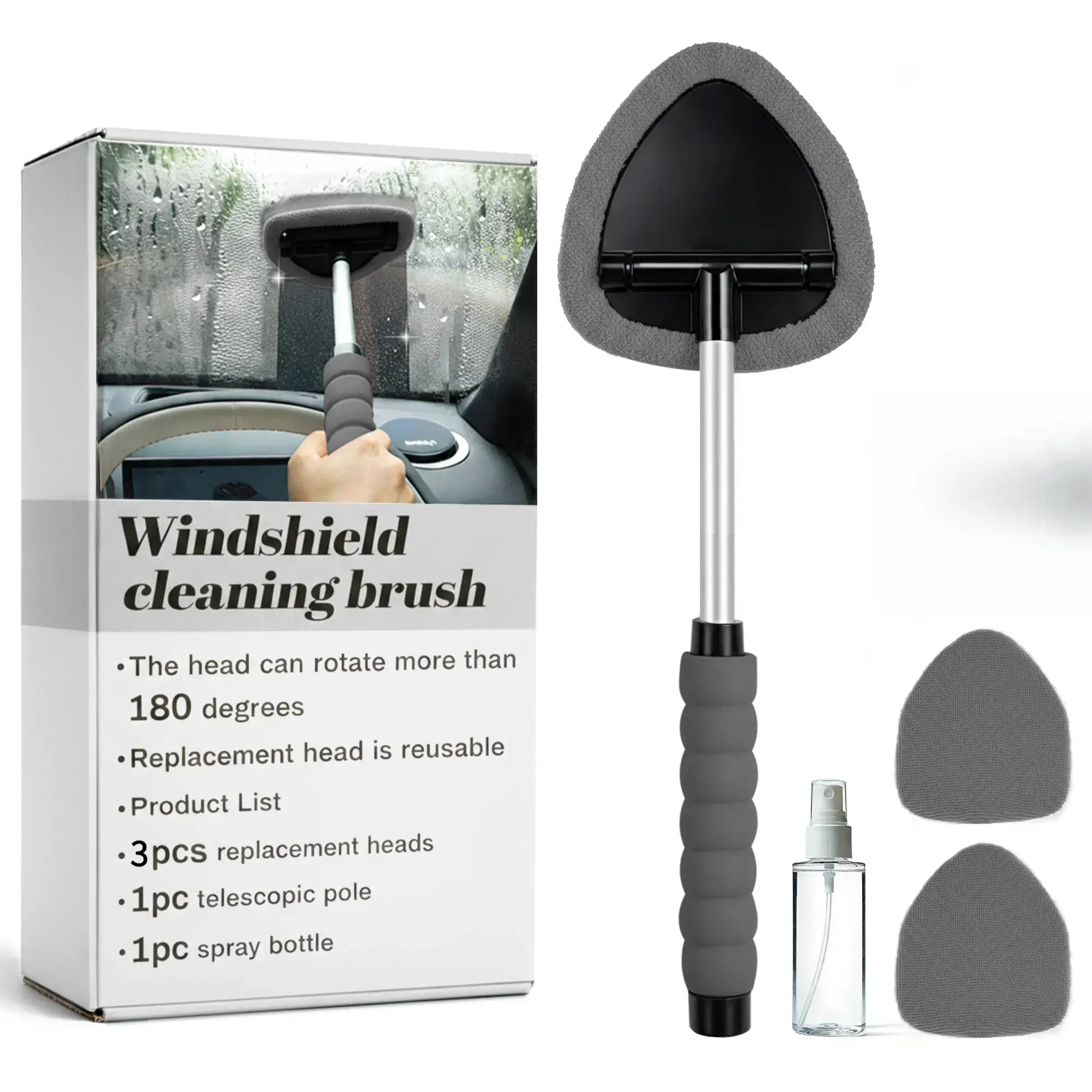 Windshield Cleaning Tool and Extendable Handle,Car Window Cleaner with Microfiber Pads,Auto Glass Cleaning Tool for Interior Windshield, Automotive Cleaning Accessories Car Detailing Products summerwins
