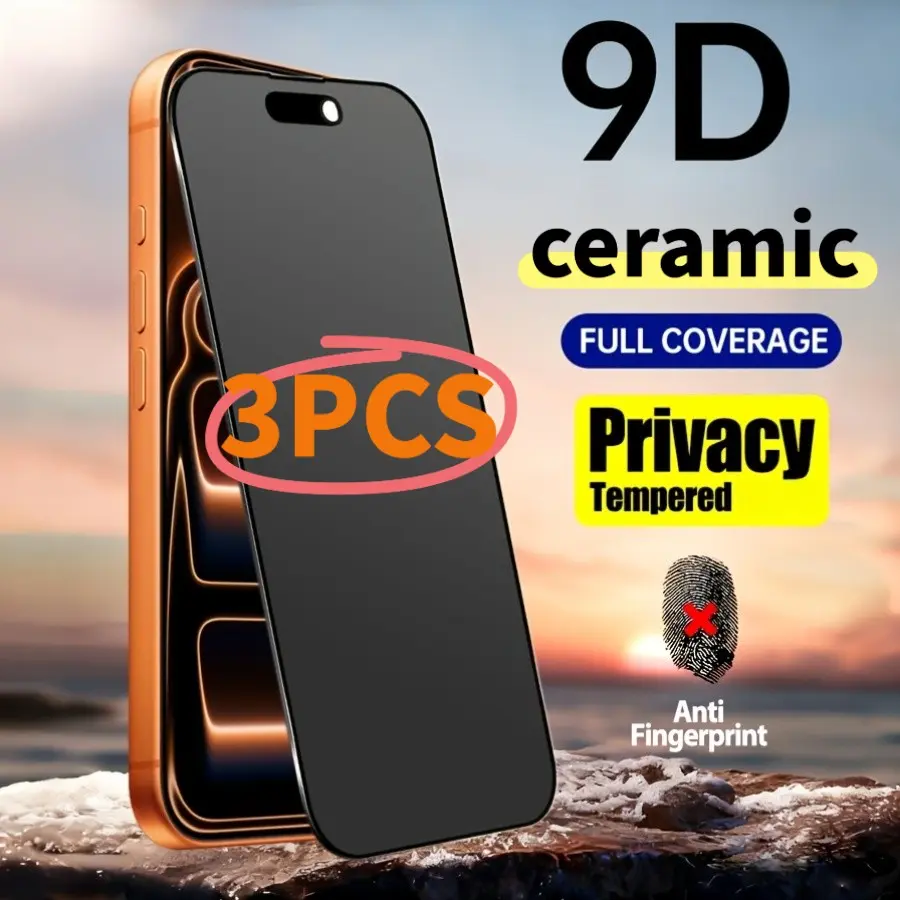 3-Pack 9D Full Screen Ceramic Anti-Spy Tempered Glass Film, Flexible Edge Protection, Fingerprint & Oil Resistant, Privacy Phone Screen Protector