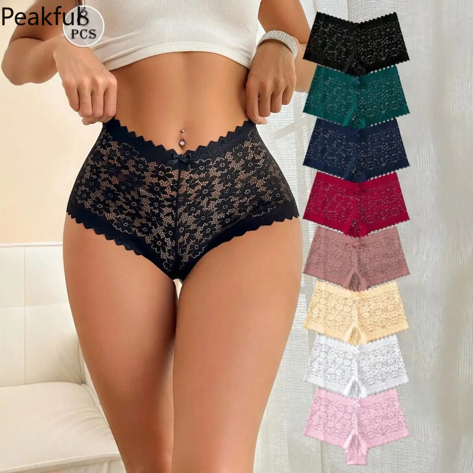 8Pcs Lace High Waist Boy Short Panties for Women, Sheer Floral Hipster Underwear Multipack with Stretchy Comfort, Breathable Full Coverage Knickers Set for Gym, Lounge & Daily Style