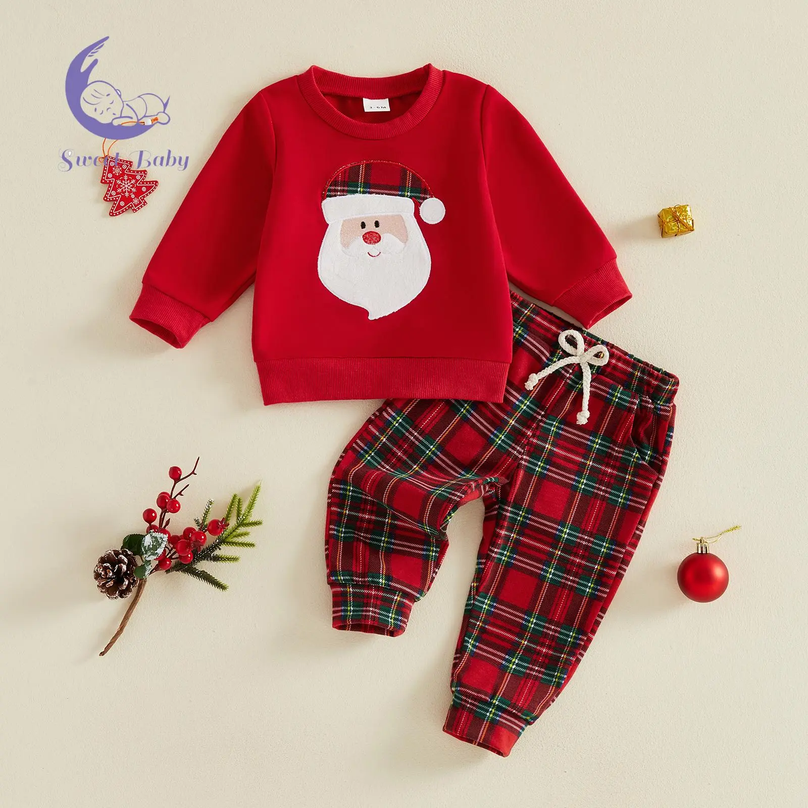 Toddler Boy Christmas Outfits Santa Applique Long Sleeve Tops and Plaid Pants