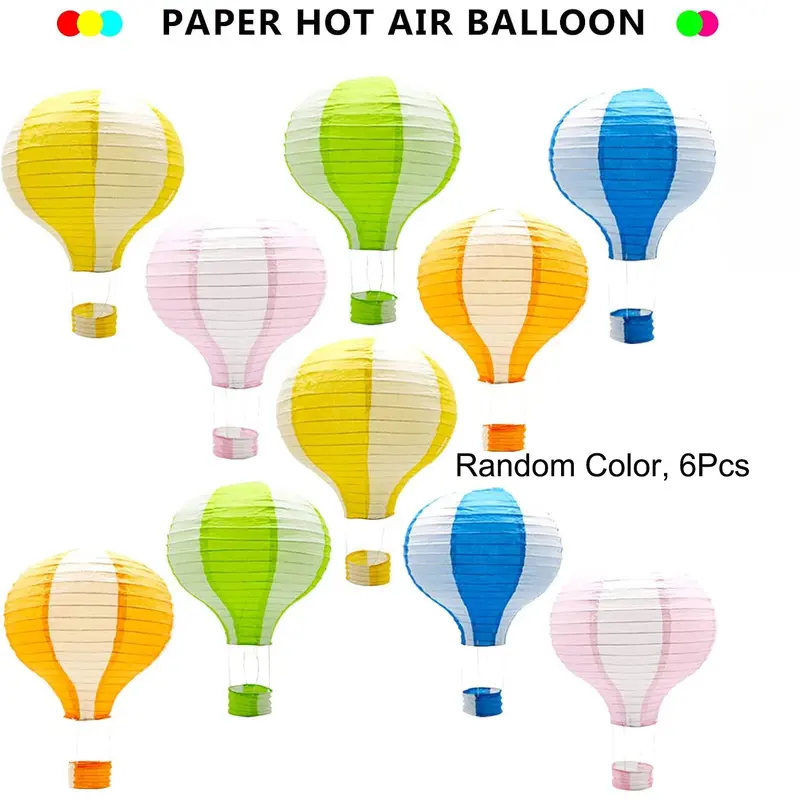 12Pcs Random Color Hot Air Balloon Paper Lanterns Set, 6 Mixed Color Lanterns with 6 Metal Stands, Lightweight Reusable Decor for Birthday Wedding Baby Shower School Holiday