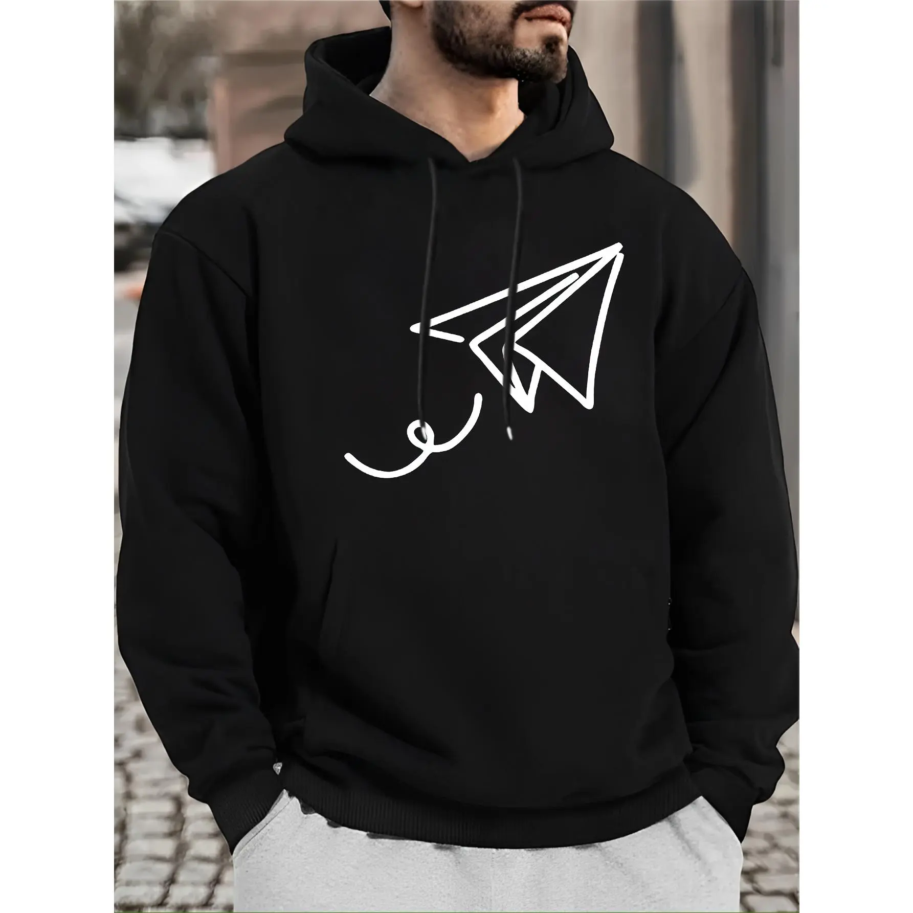 Paper Airplane Print Hoodie, Cool Hoodies for Men, Casual Pullover Hooded Sweatshirt with Kangaroo Pocket for Winter And Fall