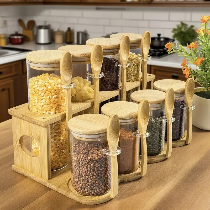 9 Piece Glass Tea Storage Canister Set with Wooden Rack and Spoon Sealed Lids Transparent Food Storage Jars for Kitchen Spices Airtight Containers for Tea Herbs Storage