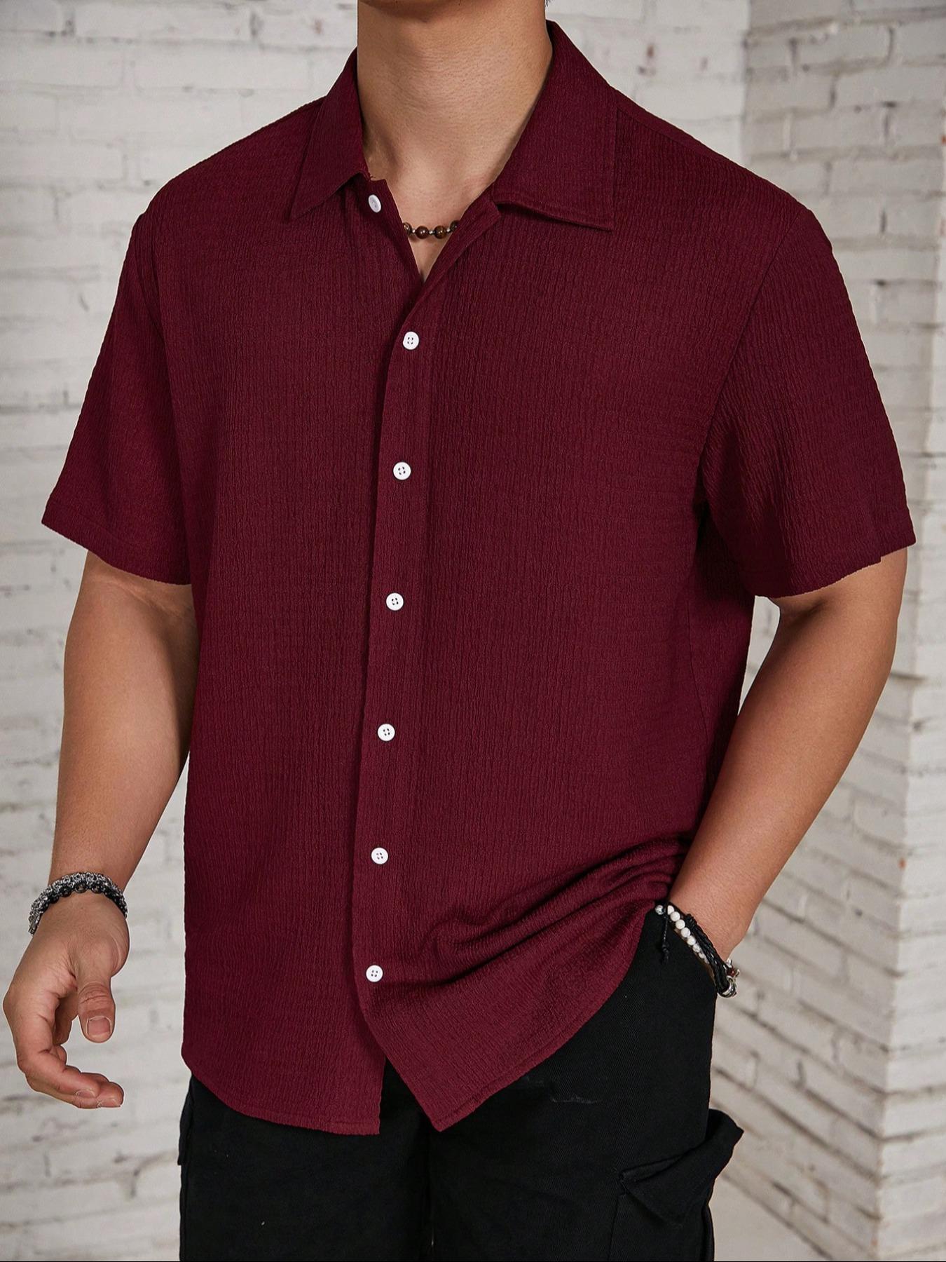 Men's Textured Button Front Shirt, Casual Regular Fit Short Sleeve Collared Top for Summer, Summer Leisure Top 2024, National Day Clothing, Men's Clothes for Daily Wear