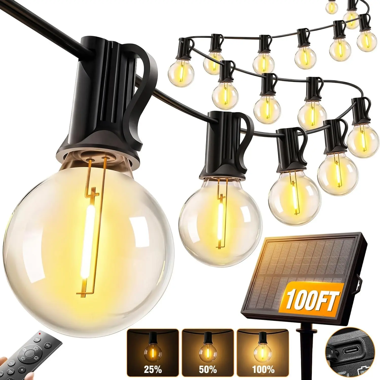 100FT Solar String Lights Outdoor, G40 Shatterproof Patio Lights with Upgraded Remote, Solar & USB Charging, Dusk to Dawn, Waterproof Hanging Bistro Lights for Backyard Garden RV CampingGift