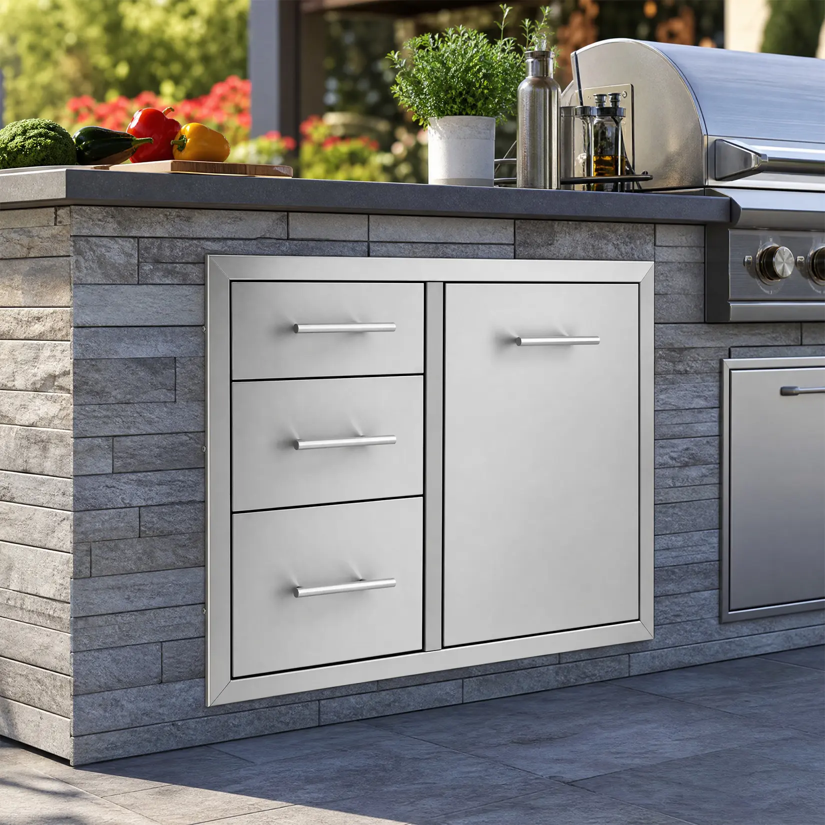 30in Stainless Steel Outdoor Kitchen Cabinet Single Unit - 3 Storage Drawers, Single Access Door, 29.53×20.47×21.56in Weatherproof Organizer for BBQ Grill Station, Patio, Backyard Users, Rectangular
