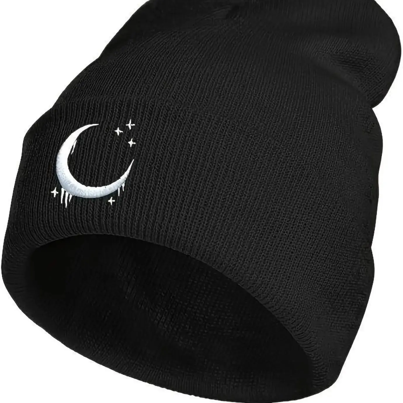 Unisex Gothic Beanie, Warm Knitted Skull Cap with Crescent & Stars Embroidery for Winter Casual Fashion, Knit Fabric, Embroidered Motif, Gothic Look, Thermal Knit Hats