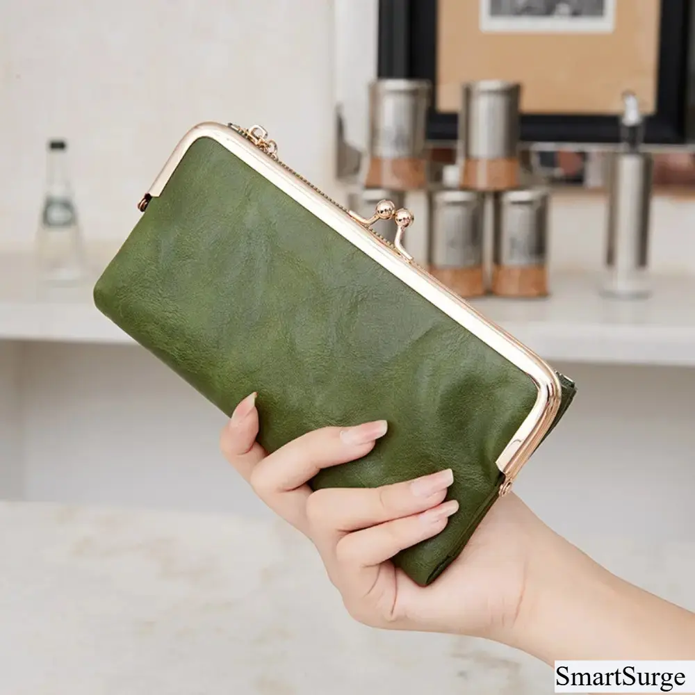 Women’s Retro Vibe Vintage Kiss-Lock Clutch Wallet with Gold-Tone Metal Frame, Olive Green Compact Hand-Held Organizer with Cash Card Slots for Work, Shopping, Wallets for Women