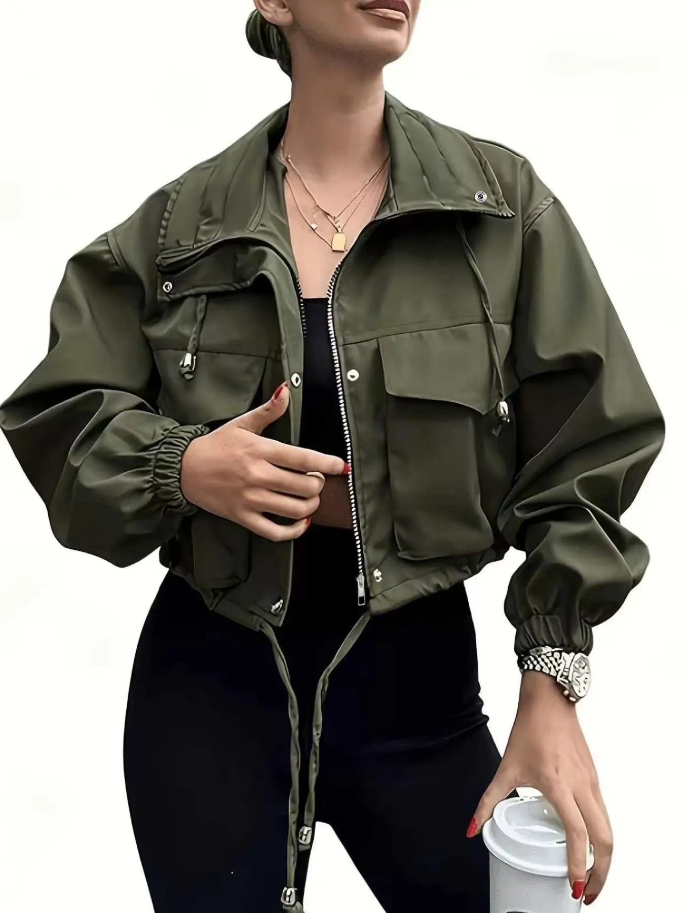 New Military Army Workwear Short Jacket Coats, Cool Casual Outerwear with Large Pockets, Adjustable Drawstring Hem, Loose Fit, Spring & Fall Fashion