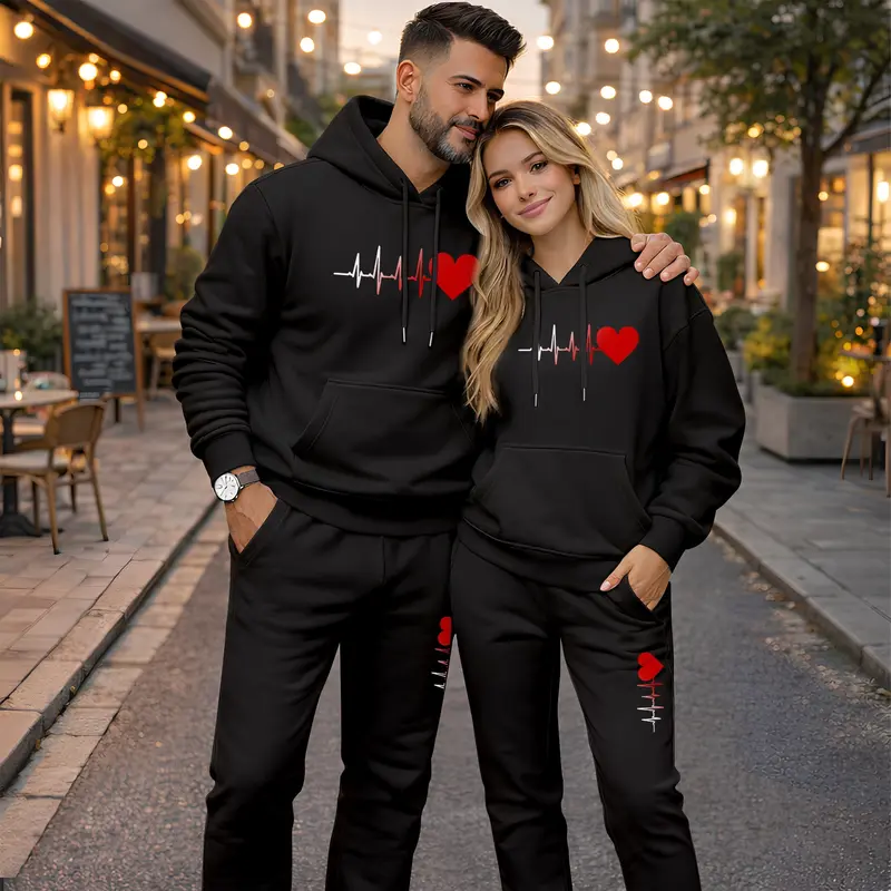 Couple's Heartbeat and Heart Print Hoodie and Sweatpants Set, Casual Sportswear, Long-Sleeve Hooded Jacket and Pants, Suitable for Autumn, Winter, and Spring, Everyday Wear, Tracksuit