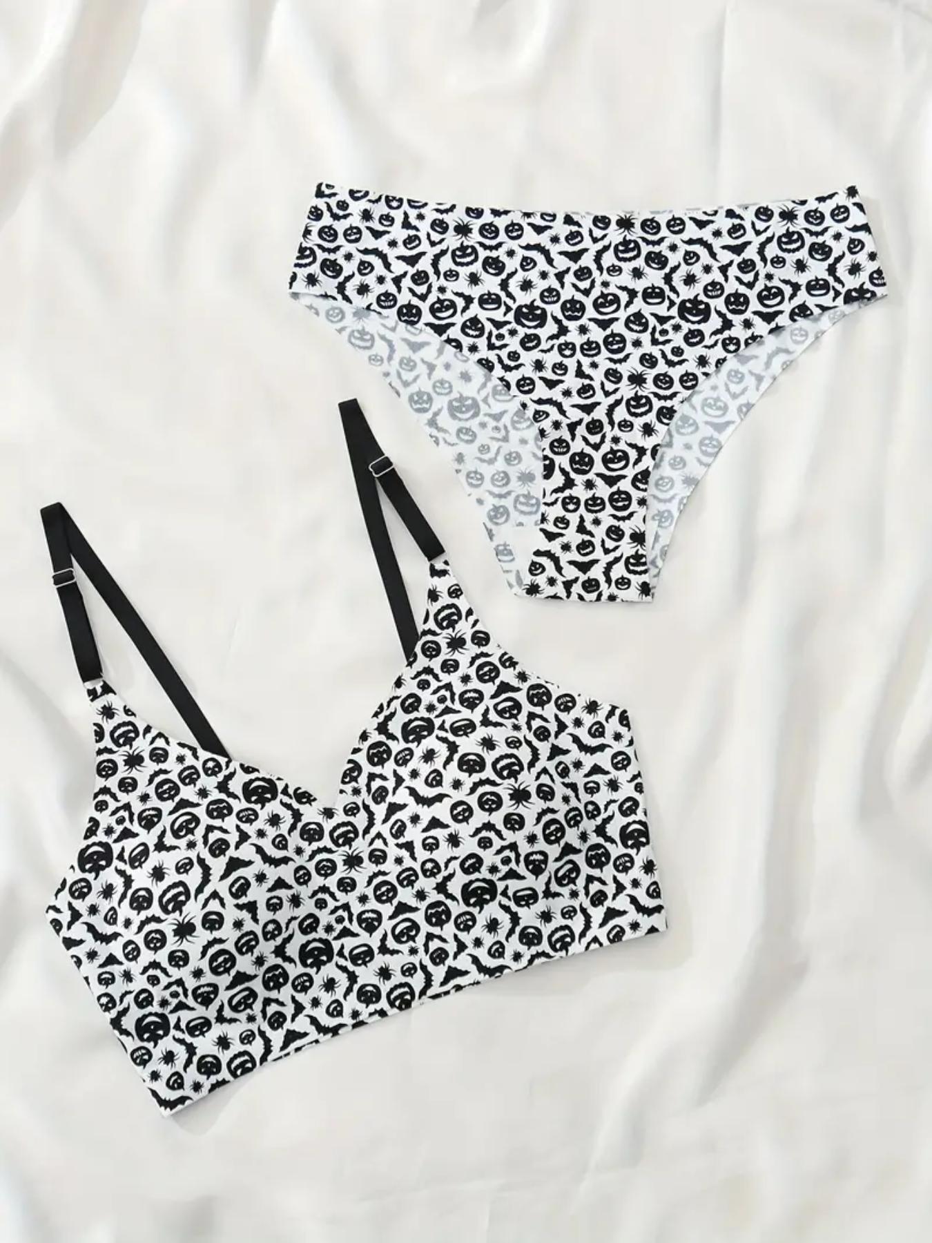Three-Piece Set Women's All Over Print Wireless Bra & Panty Two-Piece Set, Adjustable Strap Lingerie Set, Soft Comfy Breathable Underwear Set for Women