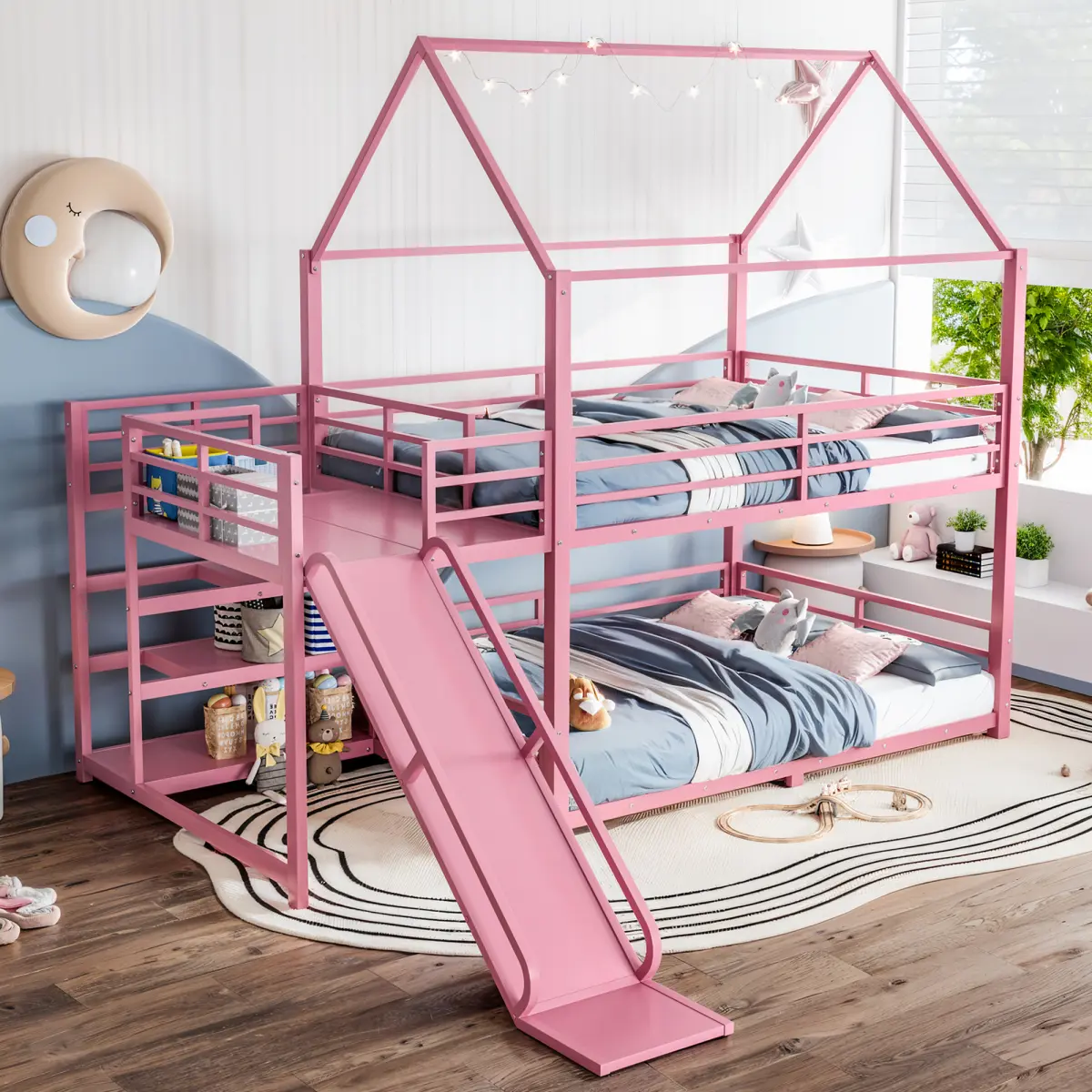 Full over Full House Bunk Bed with Storage Stairs, Slide, Safety Rails, Heavy-Duty Metal Bunk Bed Frame for Kids, Pink
