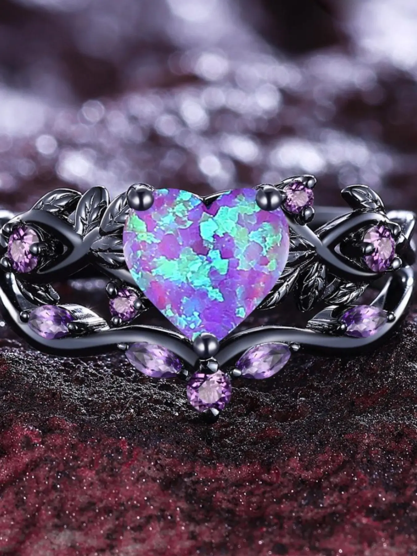 Unique Black Ring Set Heart Shape Imitation Opal Rings, Women's Engagement Ring & Birthday Gift Jewelry Accessory