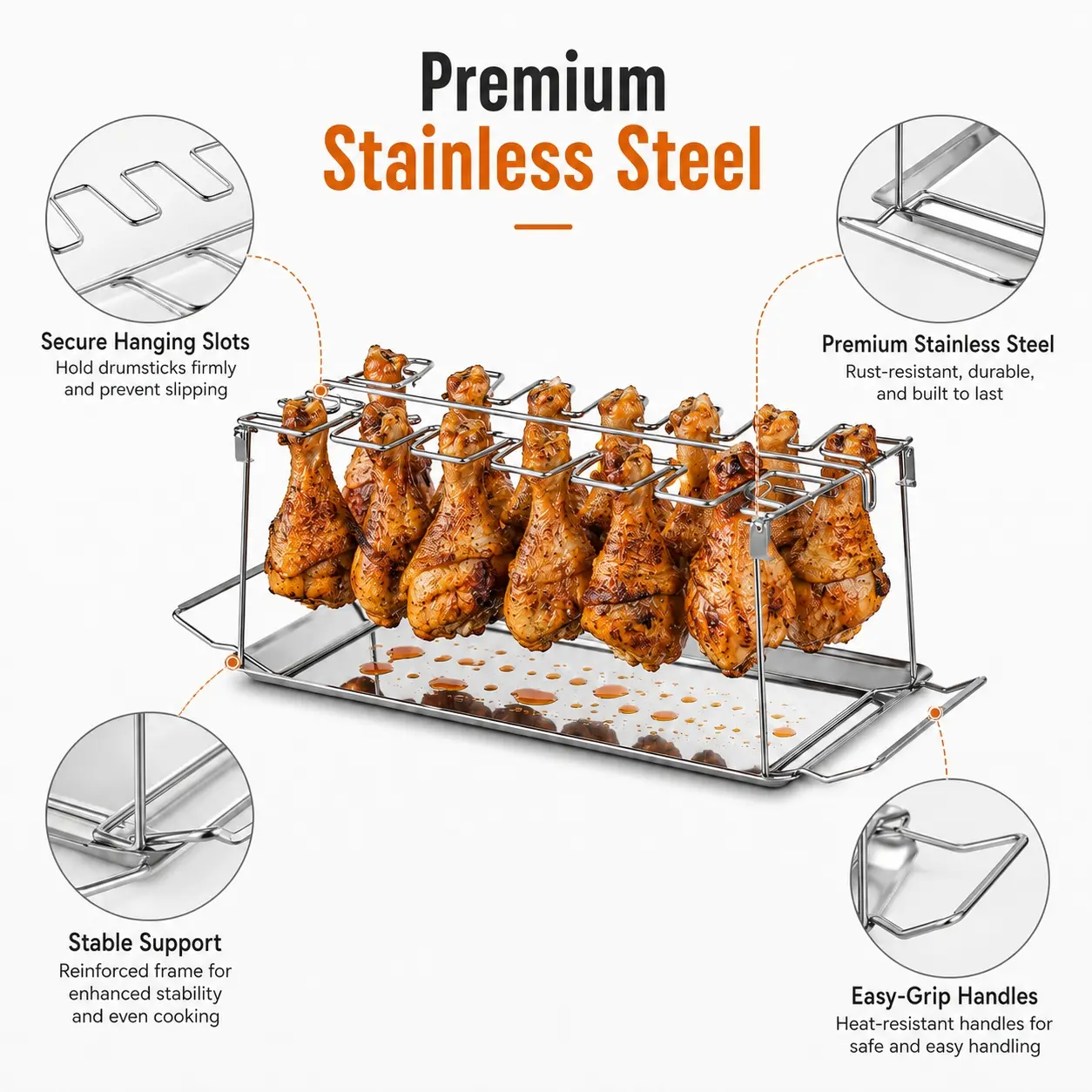Stainless Steel Chicken Leg & Wing Rack with Drip Tray, Foldable BBQ Drumstick Holder for Grill, Smoker & Oven, Large Capacity Roasting Rack for Even Cooking, Less Mess Cleanup, Camping Picnic Backyard Barbecue Accessories, Grilling Accessories