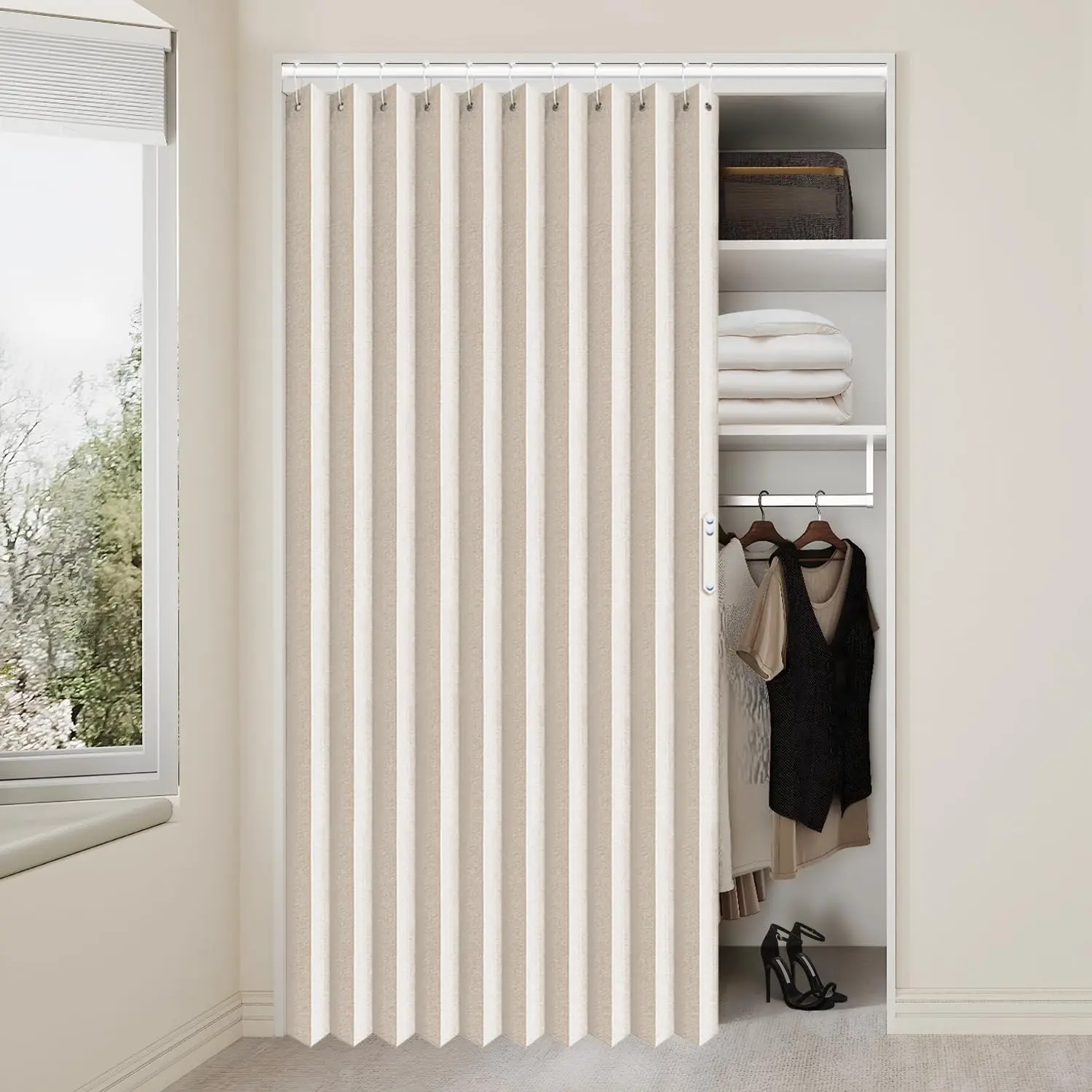 Accordion Style Door Curtains for Doorways - Laundry Room Curtains for Doorway, Folding Accordion Doors for Closets with No Door, 1 Panel with Tieback, W52 x L78, Beige