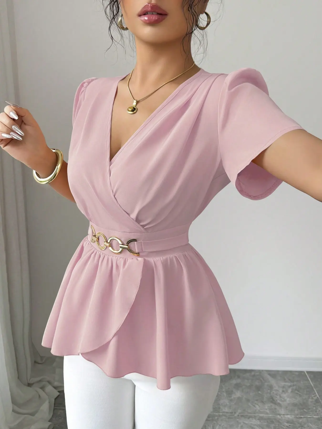 French Cross V Neck Waist Cinch Ruffle Hem Shirt, Metal Button Belt Bubble Sleeve Slimming Chiffon Top, Elegant Chic Women's Fashion Blouse