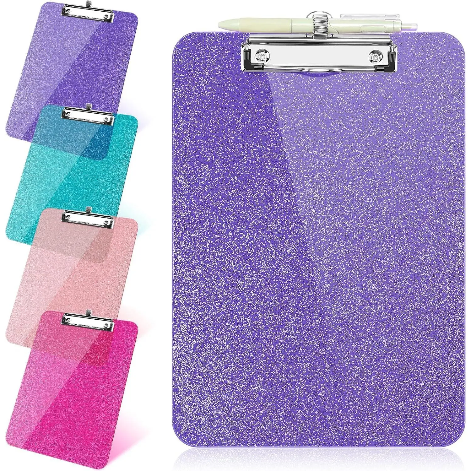 1 count Clear Glitter Clipboards, Plastic Clipboard with Pen Holder,Size 8.85 x 12.4 in Shiny Clipboards with Low Profile Clip,Cute  Clipboard for Office School Sparkly Clip Board-
