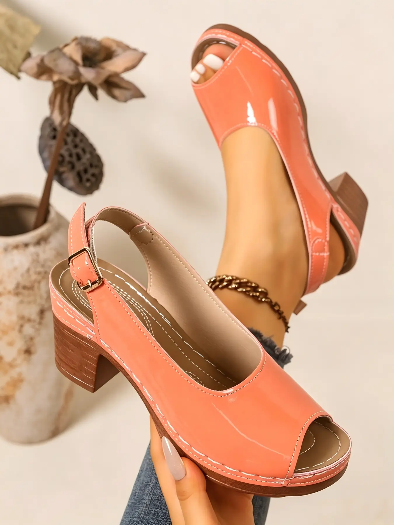 Women's Glossy Patent Leather Peep Toe Adjustable Metal Buckle Slingback Strap Wood Grain Block Mid Heel Vintage Backless Sandals, Soft Fabric Lining Insole All Seasons Daily Commute Dating Casual Heels
