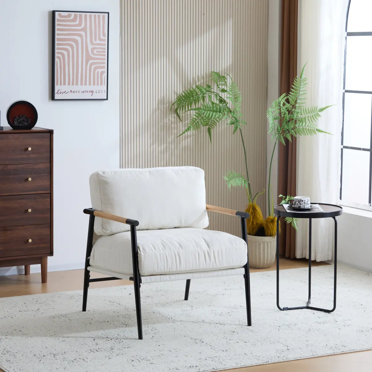 [Bellemave]  27.56" Modern Accent Chair with Plush Cushions, Minimalist Metal Frame, and Wooden Armrest Design – Perfect for Cozy Living Room, Bedroom, or Office Seating