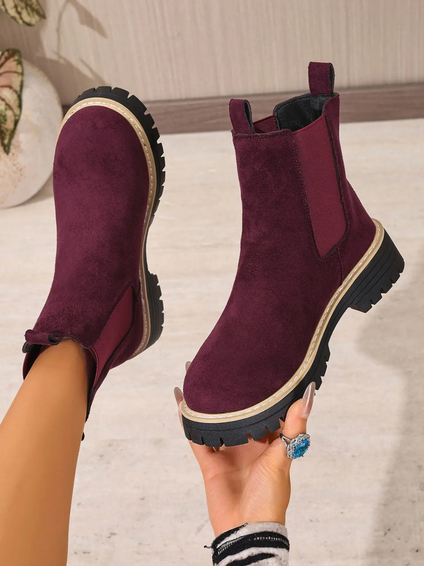 American Vintage Faux Fur Chelsea Fall Boots, Multi-Color Large Size, Thick Sole Anti-Slip, Elastic Waist, Casual Workwear Style, All Seasons