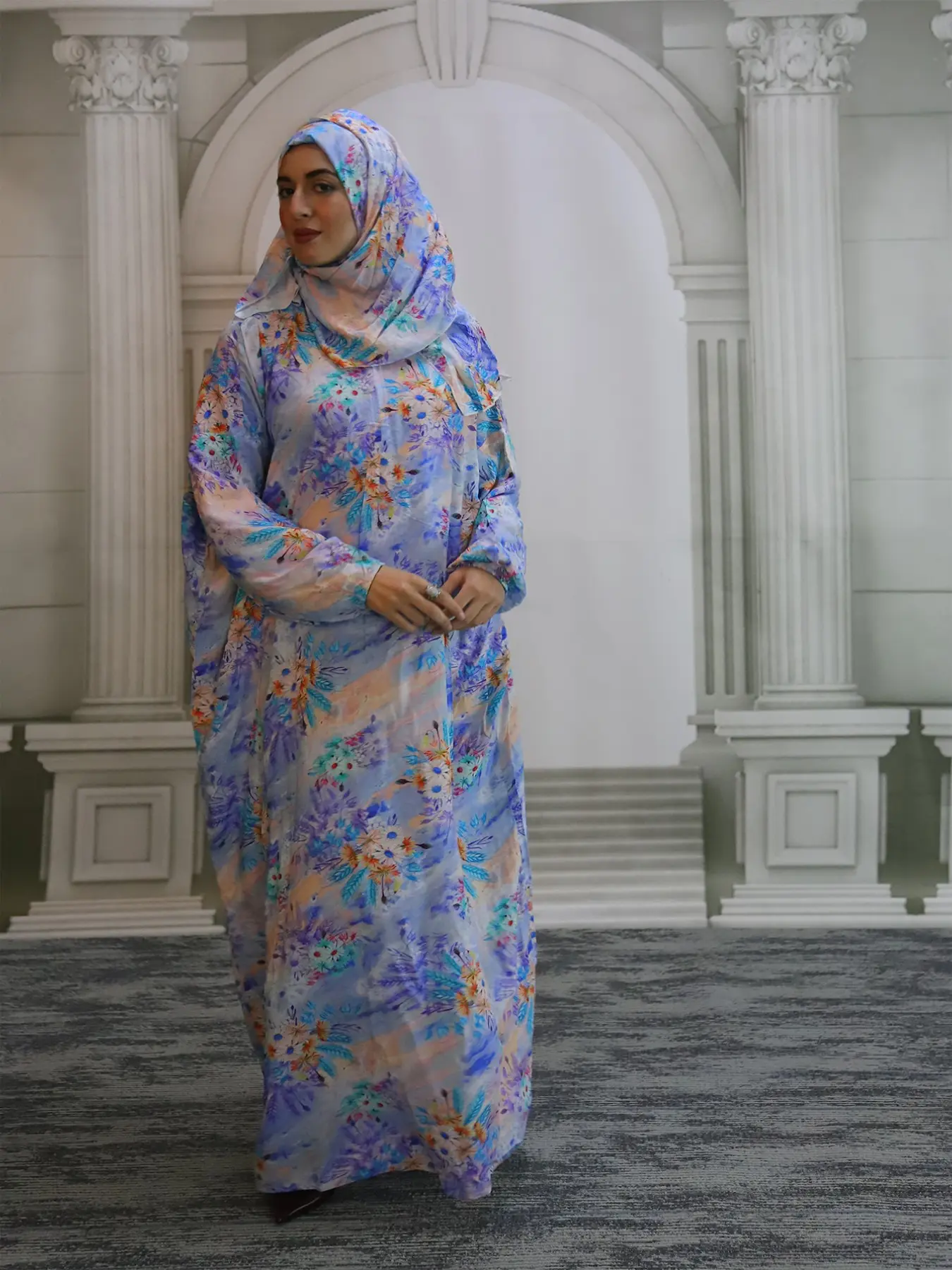 Muslim Women's Scarf-Style Ditsy Floral Prayer Dress, Modest Islamic Clothing, Islamic Modesty Clothes, Long Loose-Fitting Comfortable Print One-Piece, All Seasons Top with Zipper, Muslim Dresses