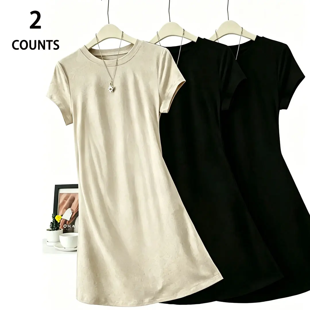 Women's 2-Pack Buttery Soft Milk Silk Shortsleeve Casual T-Shirt Dresses - High Elasticity, Basic Wear, Smooth Fabric, Minimalist Trending Style, S-XXL Sizes, Ideal for Summer Daily or Lounge Use, Casual Wear