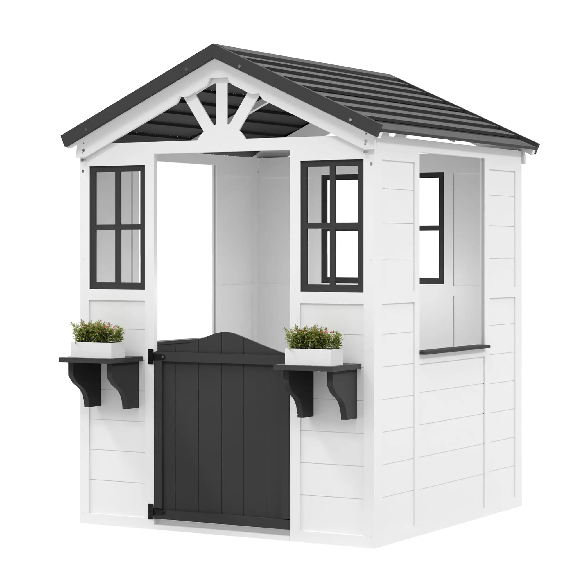 Wooden Outdoor Playhouse with Pretend Kitchen, Fir Wood Weather Resistant Cottage with Vinyl Roof, Working Door & Windows, Large Space Play Cottage for Kids Ages 3-12, Easy Assembly Backyard Play Toy