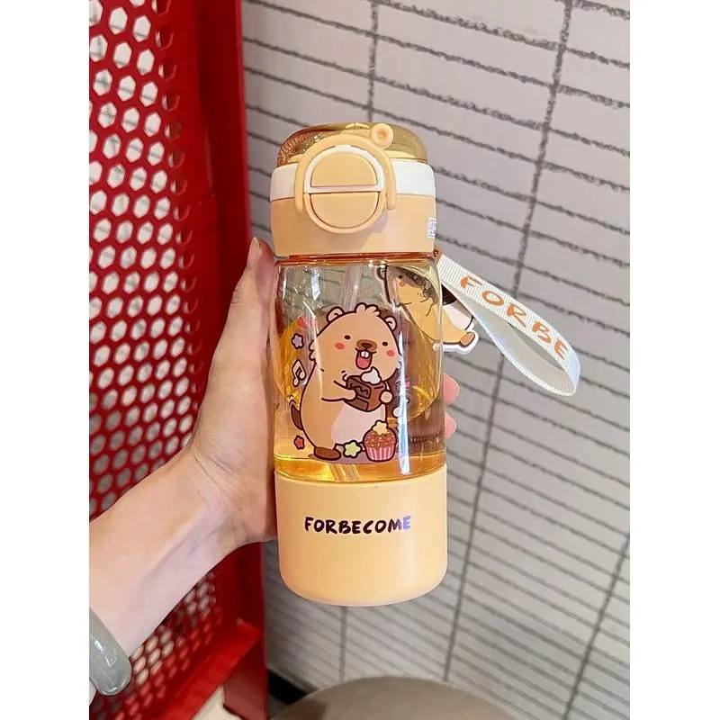 Kids Cartoon Plastic Water Bottle with Scale Summer High Appearance Level Dual Drink Spout Cup for Boys Girls Students Outdoor Portable Lanyard Orange Straw Water Cup