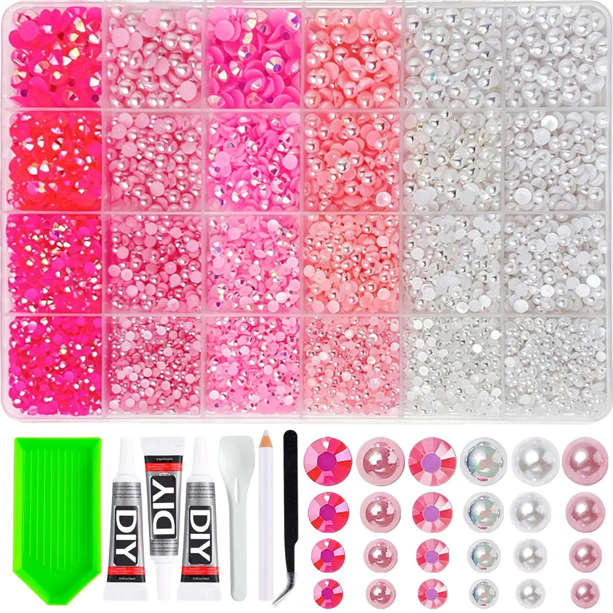 24-Piece Mixed Rhinestone Pearl Set, Gradient Ab Drilled Half Round Pearls, DIY Glue, Nail Art, Nail Art Accessories, Shoe, Phone Case Decor，Nail Art Rhinestones 、 Flatback Crystals 、 with Adhesive Glue 、 Diamond Painting