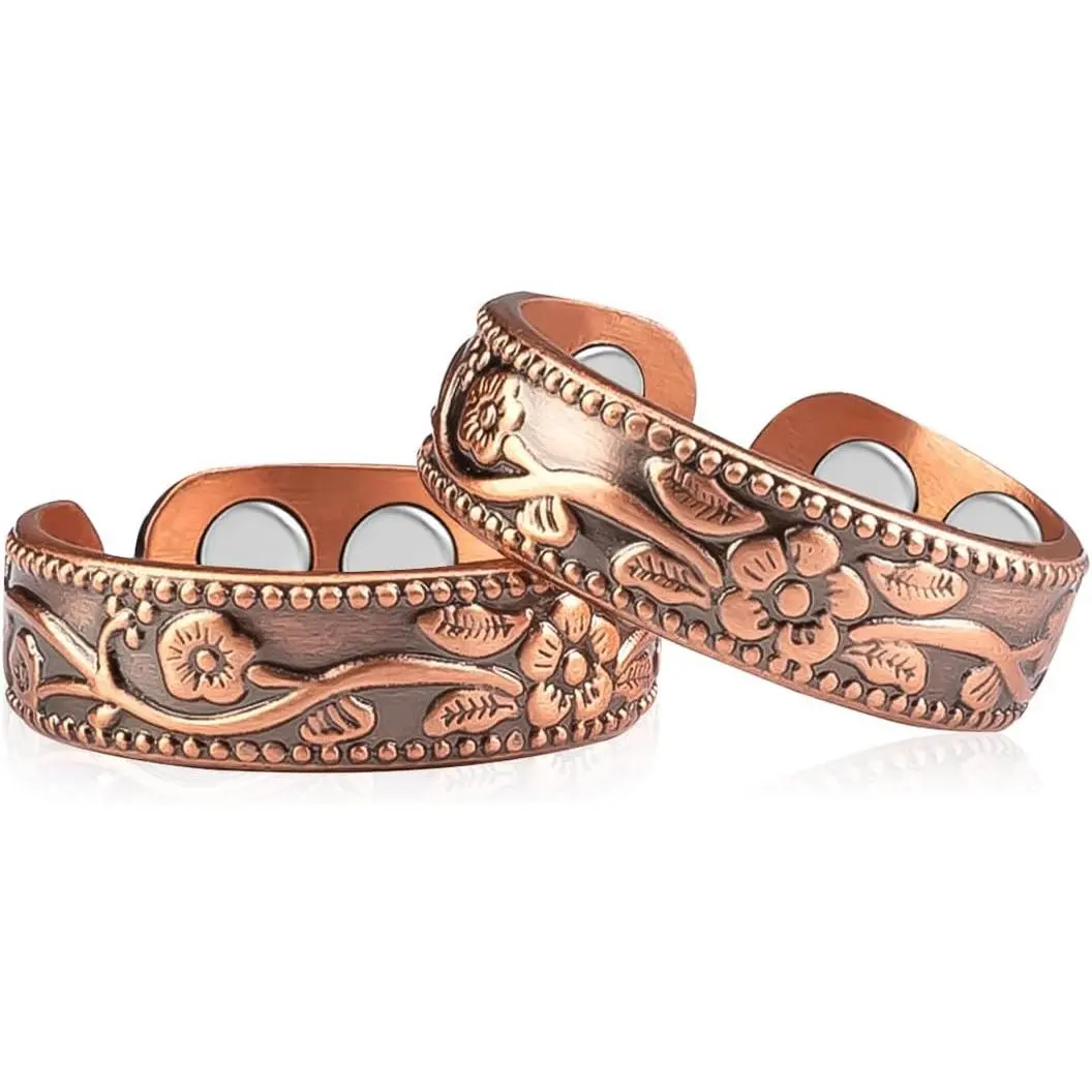 2PCS Copper Magnetic Rings for Women Ring for Fingers with 4X Magnets 100% Solid Pure Copper Gift Adjustable