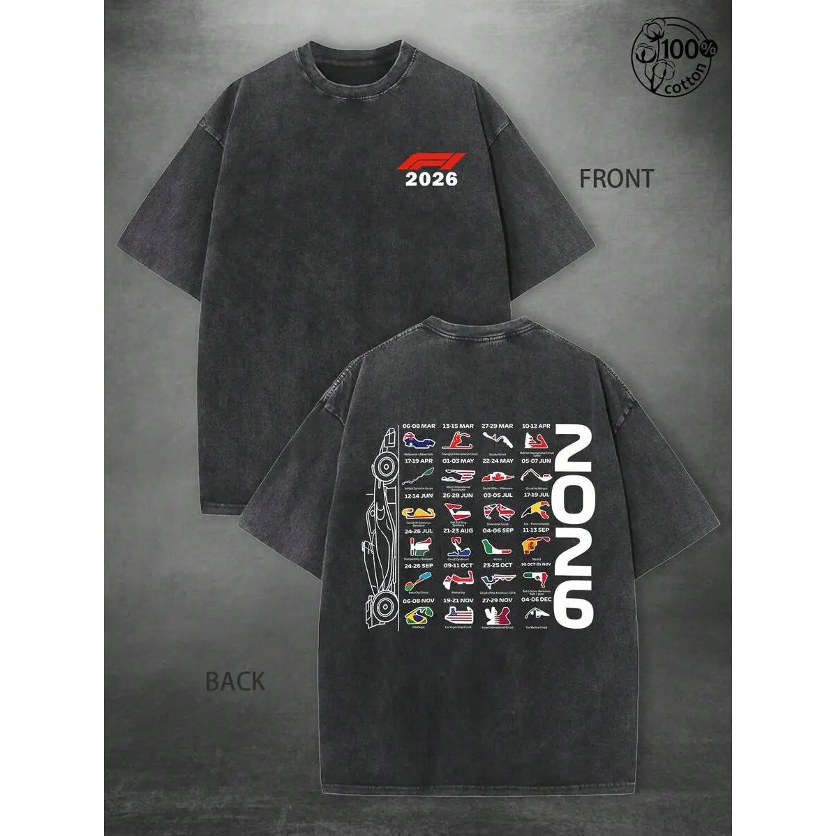 Retro Distressed Black Oversized T-Shirt Unisex Crew Neck Red Racing Logo Chest Print Global Race Calendar Flag Race Car Silhouette 2026 Back Graphic Casual Outdoor Motorsport Vintage Streetwear Loose Fit Simple Tee For Men & Women