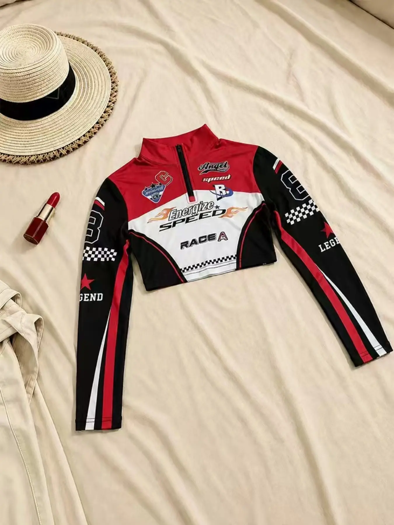 Y2K Checkered Racing Unique Print Long Sleeve T-Shirt, Half Open Neck Slim Fit Short Top, Sweet Cool Motorcycle Riding Shirt