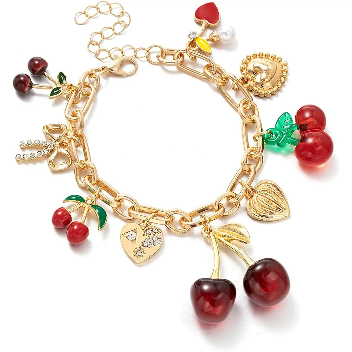 Cherry Bow Heart Charm Bracelet, Gold Chunky 3D Fruit Realistic Enamel Pearl Adjustable Chain Handmade Fashionable Christmas Jewelry Gifts for Women