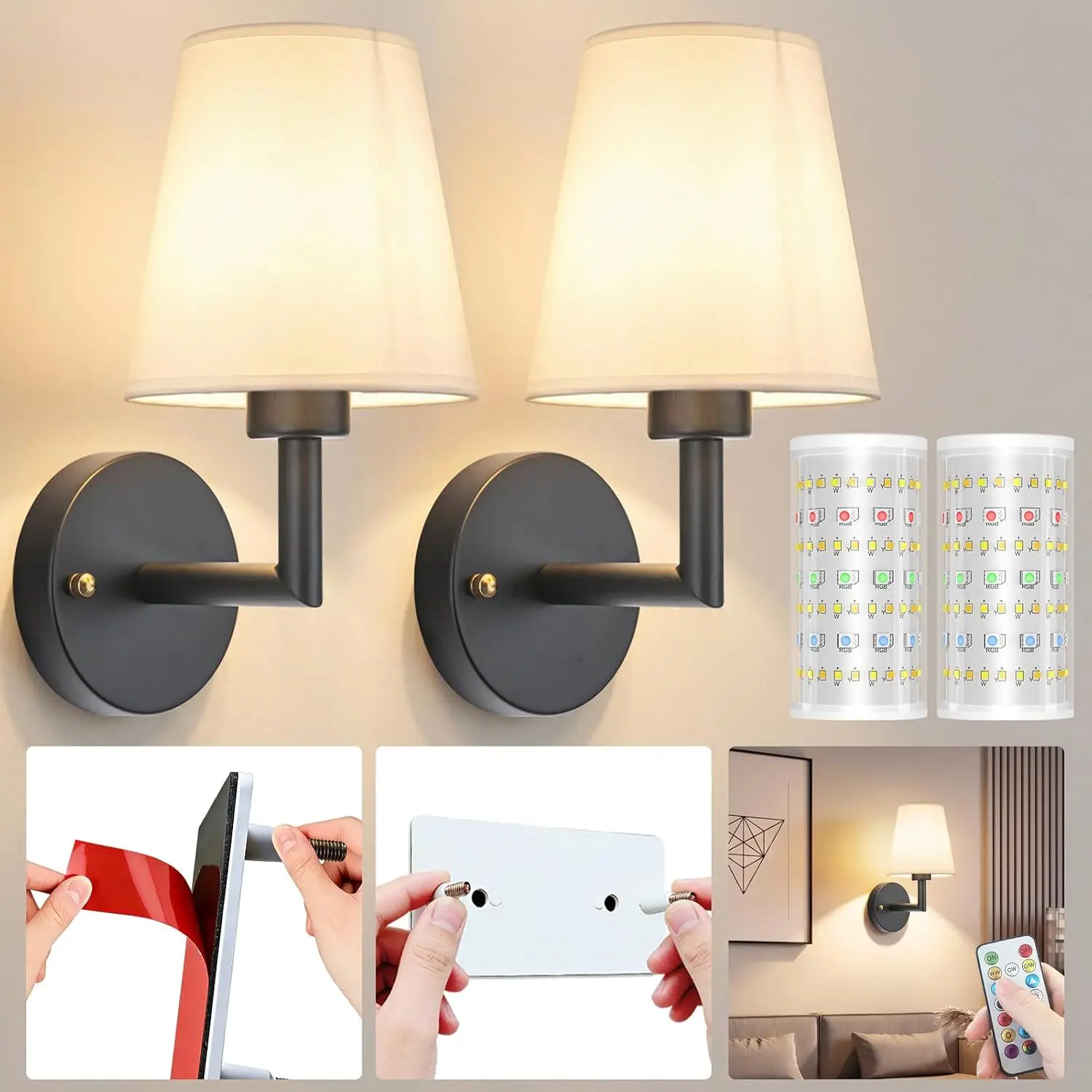 Battery Operated Wall Sconce, Peel and Stick Sconces Set of 2 |   Wireless Adhesive Stick On Wall Sconce, 10000mAh Rechargeable RGB Bulb with Remote, No Drill Wall Light for Bedroom Decor